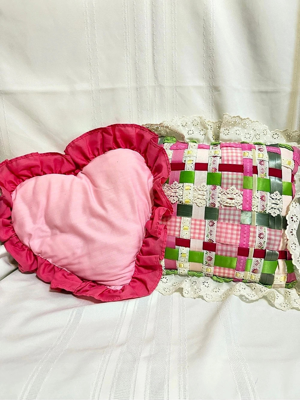2 Vintage Pillows Pink Heart Shaped Ruffle & Ribbon Trim Cottagecore Grandmacore